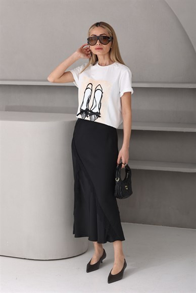 Dantel Detay Siyah Saten Etek