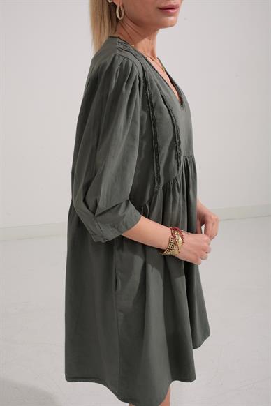 Dantel Detay V Yaka Haki Katlı Elbise