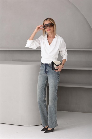 Degaje Yaka Çizgili Ekru Gömlek