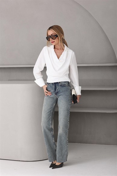 Degaje Yaka Çizgili Ekru Gömlek