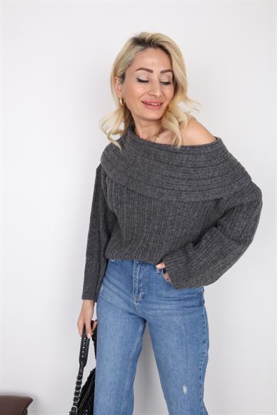 Degaje Yaka Gri Fitilli Kazak