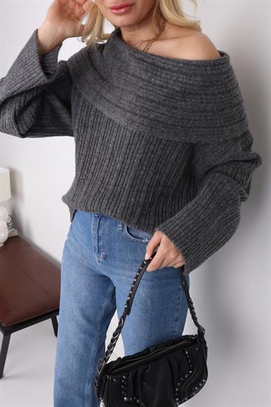 Degaje Yaka Gri Fitilli Kazak