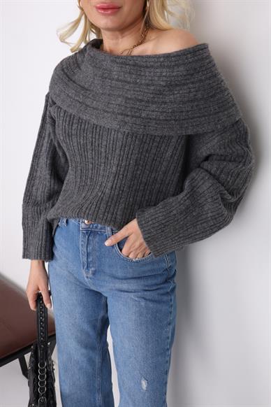 Degaje Yaka Gri Fitilli Kazak