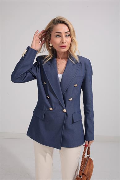 Denim Görünümlü Gold Düğme Detay Ceket
