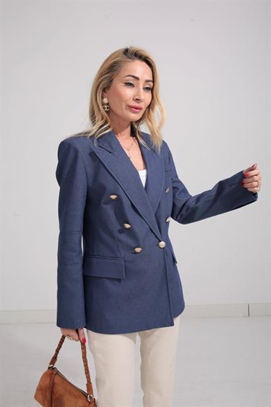 Denim Görünümlü Gold Düğme Detay Ceket
