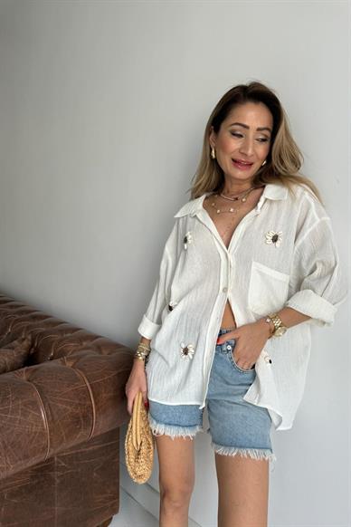 Deniz Kabuklu Ekru Oversize Gömlek