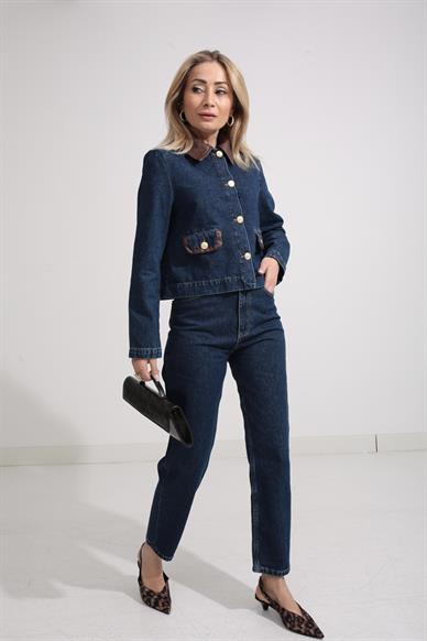 Deri Detay Crop Ceketli Jean Takım