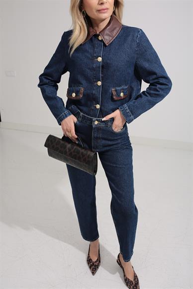 Deri Detay Crop Ceketli Jean Takım