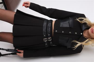 Deri Detay Crop Ceketli Takım