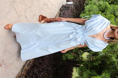 Derin V Yaka Takma Çiçekli Mavi Elbise