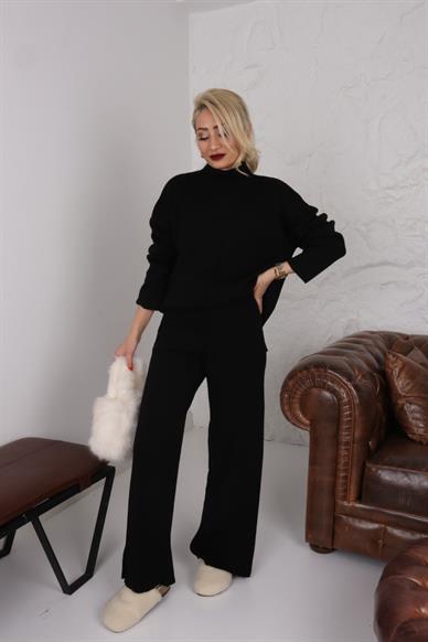 Dik Yaka Çelik Örgü Siyah Triko Takım