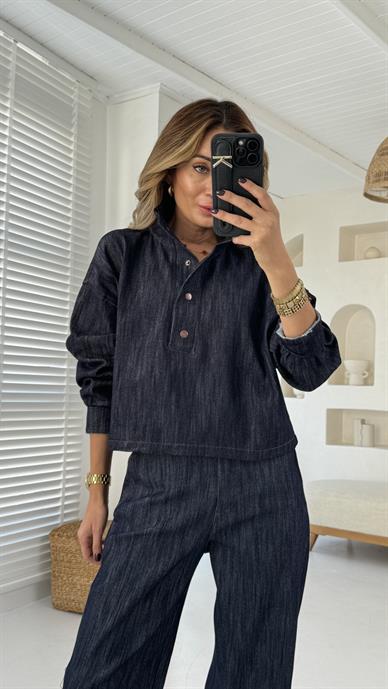 Dik Yaka Çıtçıtlı Oversize Denim Sweatshirt