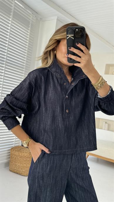 Dik Yaka Çıtçıtlı Oversize Denim Sweatshirt