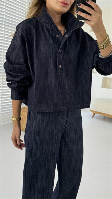 Dik Yaka Çıtçıtlı Oversize Denim Sweatshirt