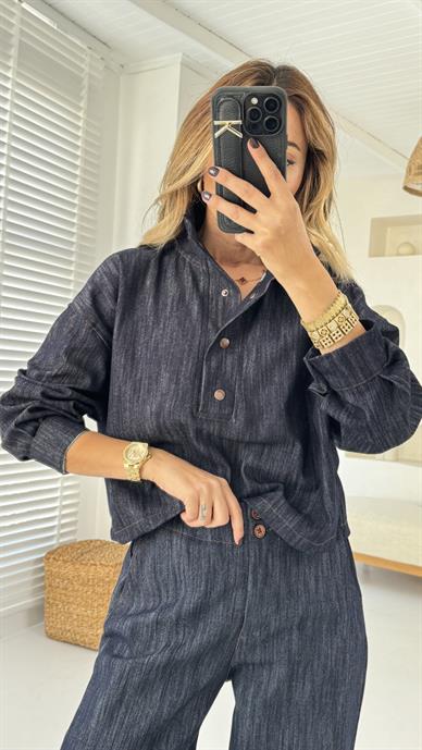 Dik Yaka Çıtçıtlı Oversize Denim Sweatshirt