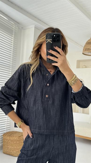 Dik Yaka Çıtçıtlı Oversize Denim Sweatshirt