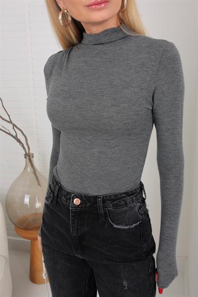 Dik Yaka Drapeli Füme İnce Bluz