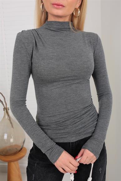 Dik Yaka Drapeli Füme İnce Bluz