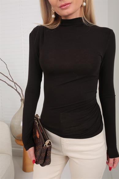 Dik Yaka Drapeli Koyu Kahve İnce Bluz