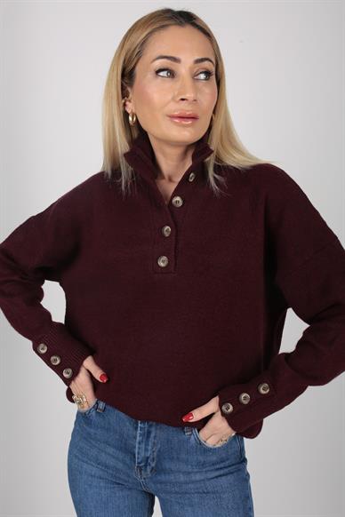 Dik Yaka Düğme Detay Bordo Kazak