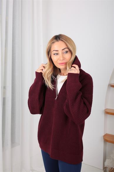 Dik Yaka Fermuarlı Bordo Basic Kazak