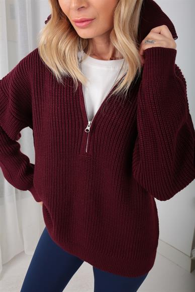 Dik Yaka Fermuarlı Bordo Basic Kazak