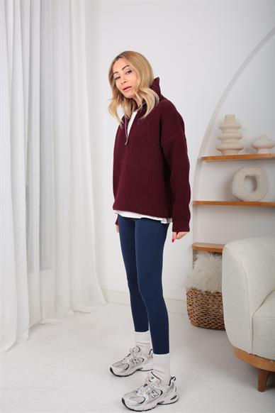 Dik Yaka Fermuarlı Bordo Basic Kazak