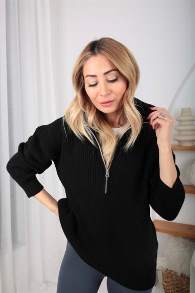 Dik Yaka Fermuarlı Siyah Basic Kazak