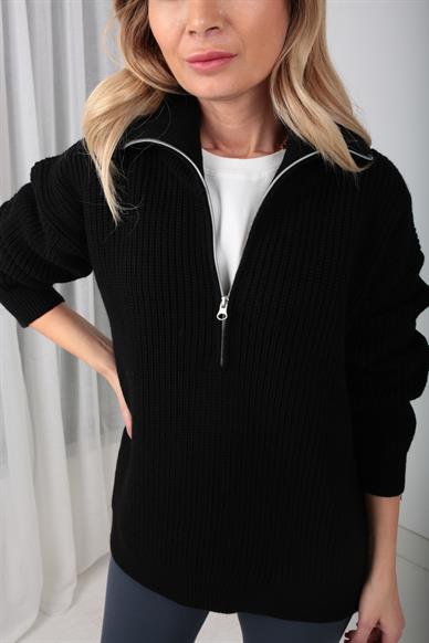 Dik Yaka Fermuarlı Siyah Basic Kazak