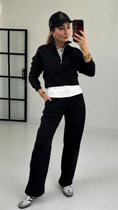 Dik Yaka Yarım Fermuar Siyah Eşofman Takımı