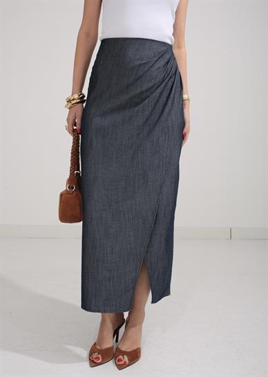 Drapeli İnce Denim Etek