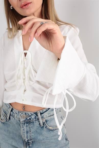 Düğme Detay Bağcıklı Ekru Crop Gömlek