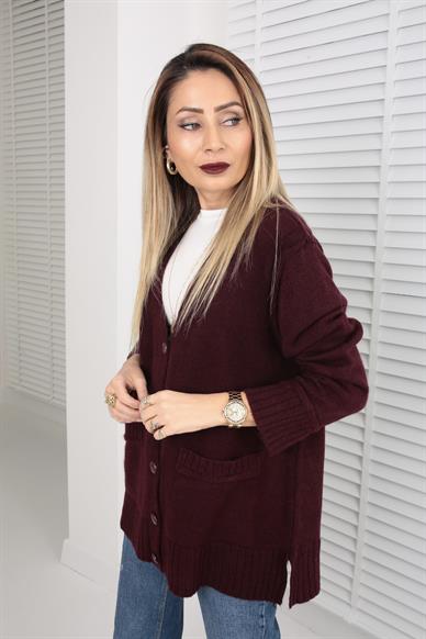 Düğme Detay Cepli Bordo Hırka