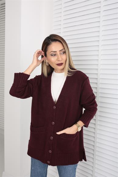Düğme Detay Cepli Bordo Hırka
