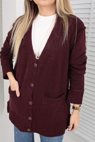 Düğme Detay Cepli Bordo Hırka