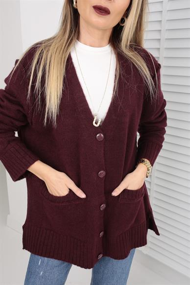 Düğme Detay Cepli Bordo Hırka