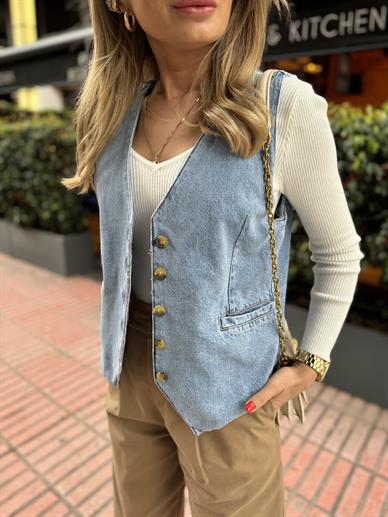 Düğme Detay Denim Yelek