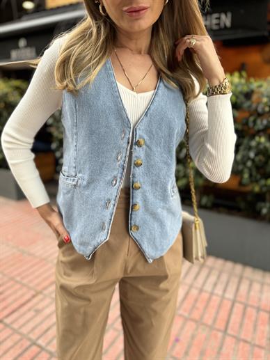 Düğme Detay Denim Yelek