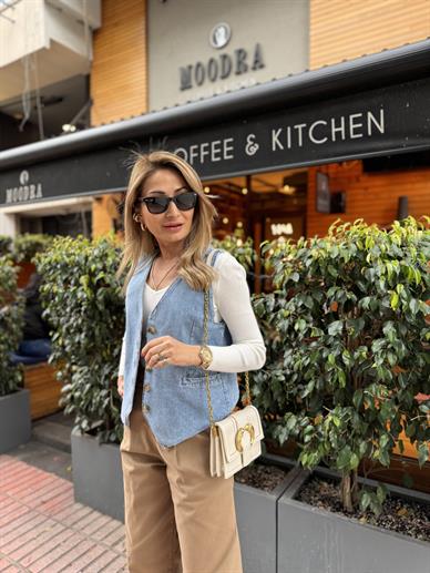 Düğme Detay Denim Yelek