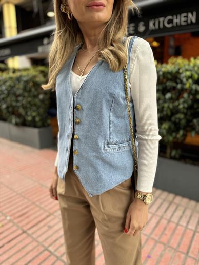 Düğme Detay Denim Yelek
