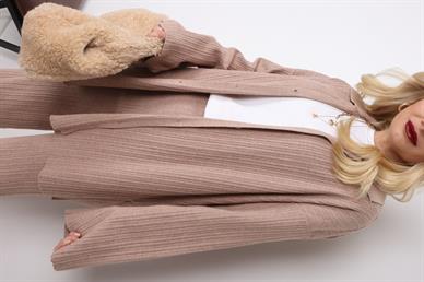 Düğme Detay Fitilli Camel Triko Takım