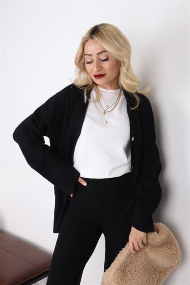 Düğme Detay Fitilli Siyah Triko Takım