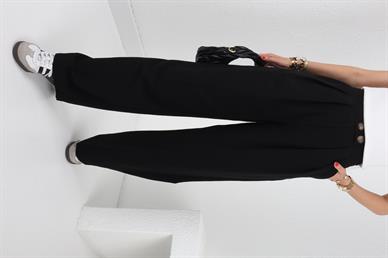 Düğme Detay Siyah Keten Palazzo Pantolon