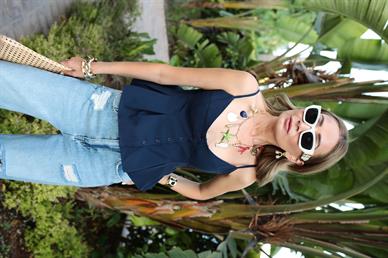 Düğmeli Lacivert Pileli Bluz