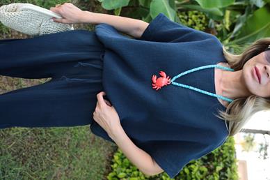 Düşük Kol Lacivert Örme Keten Takım