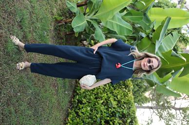 Düşük Kol Lacivert Örme Keten Takım