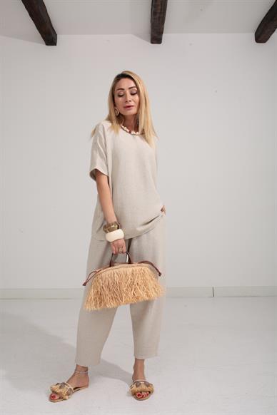 Düşük Kol Naturel Örme Keten Takım