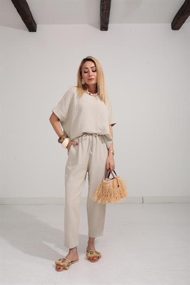 Düşük Kol Naturel Örme Keten Takım