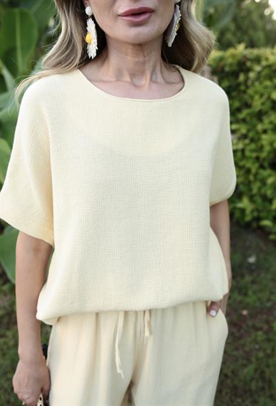 Düşük Kol Sarı Örme Keten Takım
