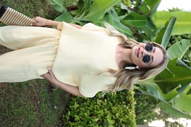 Düşük Kol Sarı Örme Keten Takım